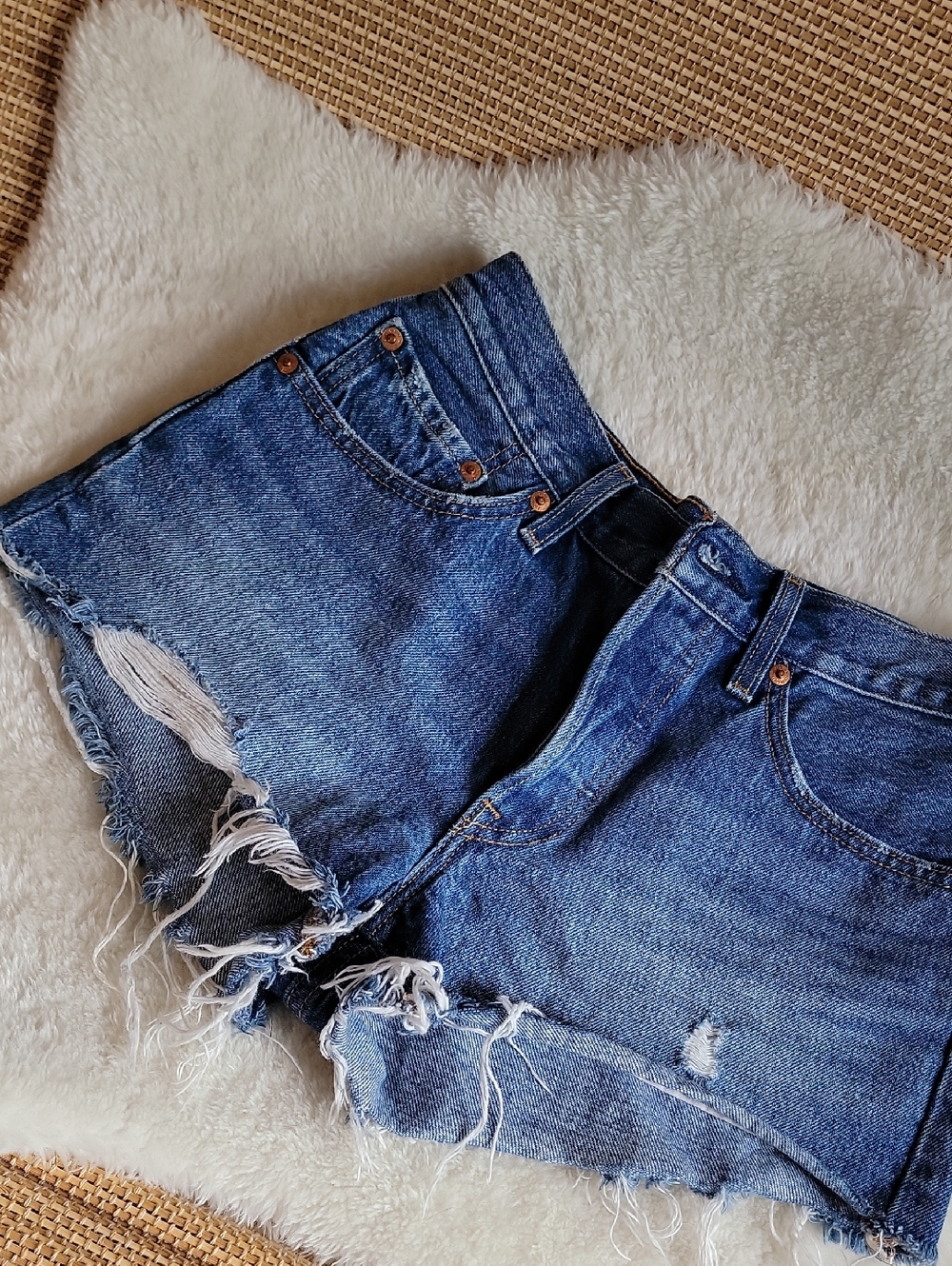 Levi's Dark Blue Distressed Denim Cutoff Shorts - Picture 2 of 9